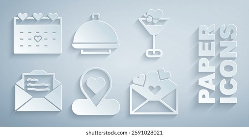 Set Location with heart, Martini glass, Greeting card, Envelope Valentine, Covered tray and Calendar icon. Vector
