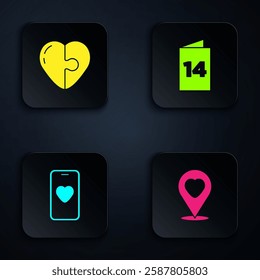 Set Location with heart, Heart, Online dating app and chat and Greeting card. Black square button. Vector