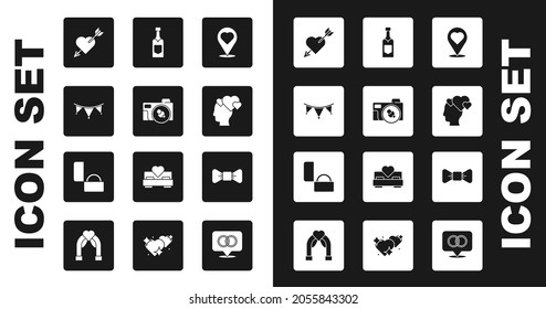 Set Location with heart, Photo camera, Carnival garland flags, Amour arrow, Head, Champagne bottle, Bow tie and Diamond engagement ring icon. Vector
