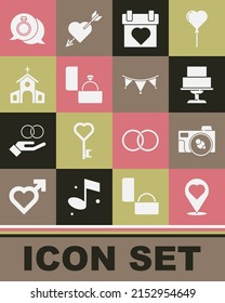 Set Location with heart, Photo camera, Wedding cake, Calendar, Diamond engagement ring, Church building,  and Carnival garland flags icon. Vector