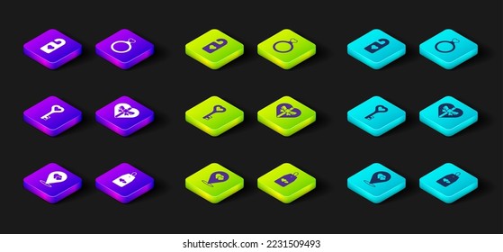 Set Location with heart, Please do not disturb, Key in shape, Candy shaped box, Wedding rings and  icon. Vector