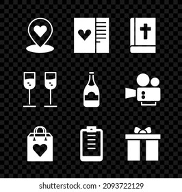 Set Location with heart, Postcard, Holy bible book, Shopping bag, Clipboard checklist, Gift box, Glass of champagne and Champagne bottle icon. Vector