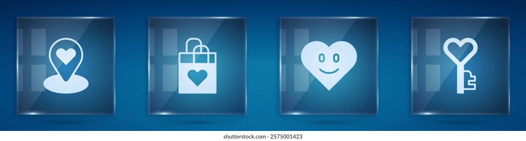 Set Location with heart, Shopping bag, Heart and Key shape. Square glass panels. Vector