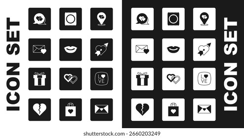 Conjunto de Locación con corazón, labios sonrientes, sobre de San Valentín, burbuja de discurso del corazón, Amor y flecha, paquete de condón, texto de amor y icono de caja de regalo. Vector