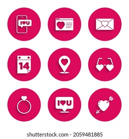 Set Location with heart, Speech bubble I love you, Amour and arrow, Heart shaped glasses, Wedding rings, Calendar February 14, Envelope Valentine and Mobile icon. Vector