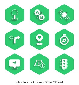 Set Location with heart, Toll road traffic sign, Traffic light, Compass, Infographic of city map navigation, Road, Satellite and Push pin icon. Vector