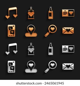 Set Location with heart, Valentines day party flyer, Envelope, Search and love, Mobile, Wine bottle, Music note, tone hearts and Bottle potion icon. Vector