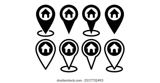 set of location home address icon symbol sign vector design black white color simple flat illustration