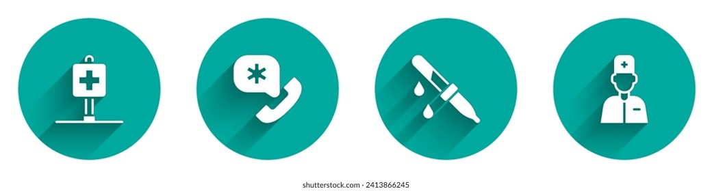 Set Location hospital, Emergency call 911, Pipette and Male doctor icon with long shadow. Vector