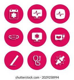 Set Location Hospital, Stethoscope, Joint Pain, Knee Pain, Ultrasound, Surgery Scalpel, Medical Protective Mask, Heart Rate And Doctor Appointment Icon. Vector