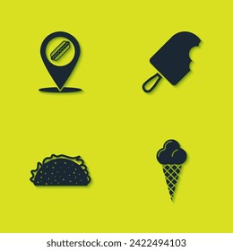 Set Location with hotdog, Ice cream in waffle cone, Taco tortilla and  icon. Vector