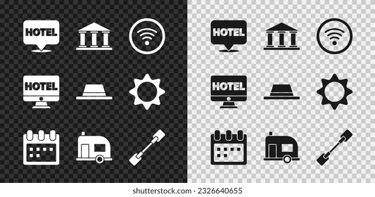 Set Location hotel, Museum building, Wi-Fi wireless internet network, Calendar, Rv Camping trailer, Paddle, Online booking and Man hat with ribbon icon. Vector