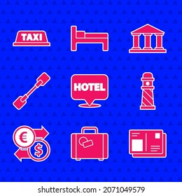 Set Location hotel, Suitcase, Passport with visa stamp, Lighthouse, Money exchange, Paddle, Museum building and Taxi car roof icon. Vector