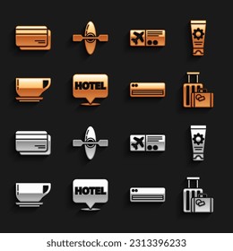 Set Location hotel, Sunscreen cream in tube, Suitcase, Air conditioner, Coffee cup, Airline ticket, Credit card and Kayak or canoe icon. Vector