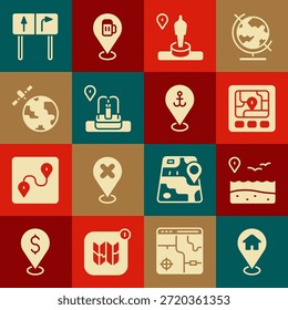 Establezca la Locación con la casa, la playa, el mapa del dispositivo del GPS, y el monumento, la fuente, los satélites que orbitan el planeta, la señal de tráfico de la carretera y el icono del ancla. Vector