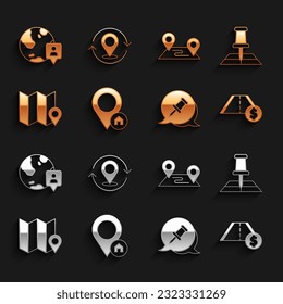 Set Location with house, Folded map location marker, Toll road traffic, Push pin, Route, the globe and Map icon. Vector