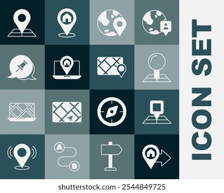 Ort mit Haus, gefalteter Kartenmarkierung, Globus, Stadtnavigation, Push-Pin und Gps-Gerätesymbol festlegen. Vektorgrafik