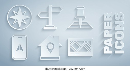 Set Location with house, Folded map location marker, City navigation, Gps device, Road traffic sign and Wind rose icon. Vector