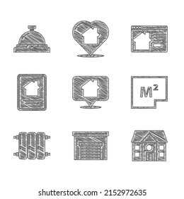Set Location with house, Garage, House, plan, Heating radiator, Online real estate,  and Hotel service bell icon. Vector