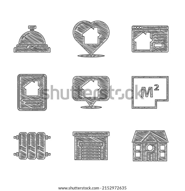 Set\
Location with house, Garage, House, plan, Heating radiator, Online\
real estate,  and Hotel service bell icon.\
Vector