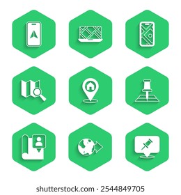 Set Location with house, the globe, Push pin, Folded map location marker, Search, City navigation and  icon. Vector