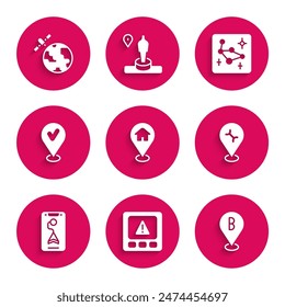 Set Location with house, Gps device error, Car service, City map navigation, check mark, Great Bear constellation and Satellites orbiting the planet icon. Vector