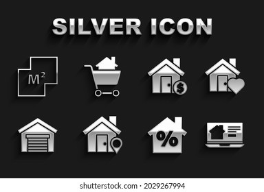 Set Location with house, House heart shape, Online real estate, percant discount, Garage, dollar symbol, plan and Shopping cart icon. Vector