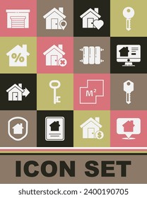Set Location with house, House key, Online real estate, heart shape, wrong mark, percant discount, Garage and Heating radiator icon. Vector