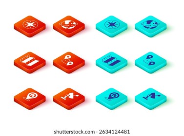 Set Location with house, Radar, Folded map, Route location, Satellites orbiting the Earth and Wind rose icon. Vector