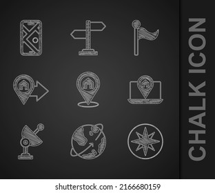 Set Location with house, Satellites orbiting the Earth, Wind rose, City map navigation, Radar, Flag and  icon. Vector