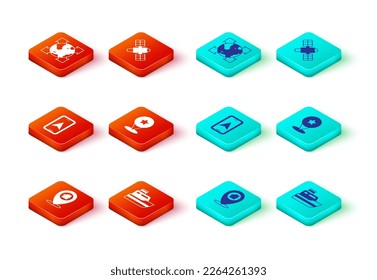 Set Location with house, Ship line path, City map navigation, Map pointer star, Satellite and World globe compass icon. Vector