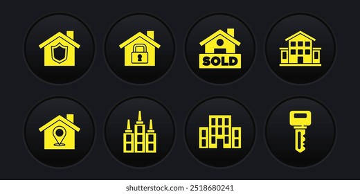 Set Location with house, House, Skyscraper, Hanging sign text Sold, under protection, key and shield icon. Vector