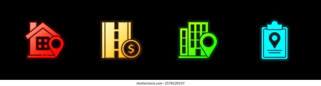 Set Location with house, Toll road traffic sign,  and Folded map location marker icon. Vector