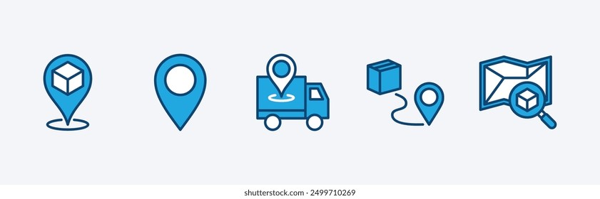 Set of location icon. Containing map pin, tracking delivery or shipping cargo, route or distance, place, package address, pointer, searching. Vector illustration