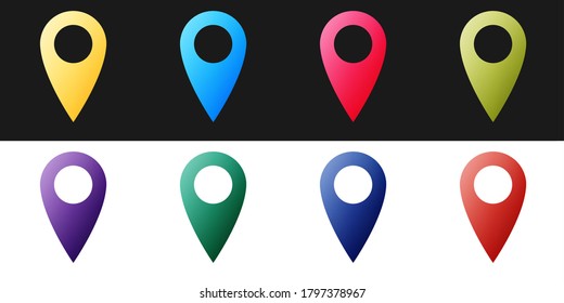 Set of Location icon isolated on black and white backgrounds. Pointer symbol. Navigation map, gps, direction, place, compass, contact, search concept. Vector.