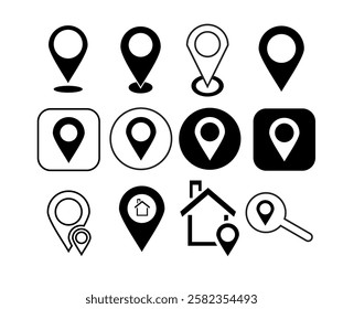 Set of location icons. Black navigation icon. Linear map pointer icon. Vector illustration