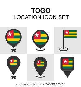 A set of location icons featuring Togo’s vibrant flag, useful for maps, educational content, and regional African visuals.