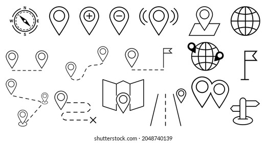 Set of location icons. Included the icons as pin, nearby, direction, position, ways, navigation and more. Vector symbols isolated on white background