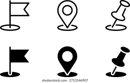 Conjunto de iconos de ubicación incluyendo bandera y pin