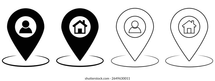 Conjunto de ícones de localização, marcador de localização no mapa. Elemento para design da interface do usuário do site da aplicação. Símbolo do ícone do ponteiro de localização em estilo plano. vetor isolado no plano de fundo branco.