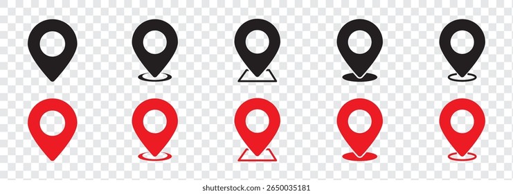 Conjunto de ícones de localização, marcador de localização no mapa. Elemento para design da interface do usuário do site da aplicação. Símbolo de ícone de ponteiro de local em estilo simples. Ícone de pin vermelho e preto, sinal de navegação.