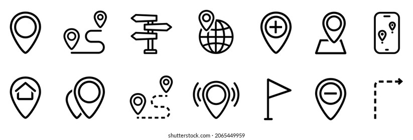 Set of location icons. Navigation and map icons. GPS elements symbols. Location pin icon, map pointer line signs.