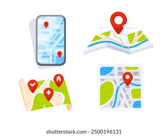 Set of location icons showing different map styles on smartphone and paper for navigation