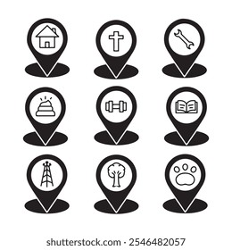 Set of location icons. Vector illustration. Black and white design.