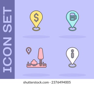 Set Location with information, Cash location, City map navigation and Alcohol beer bar icon. Vector