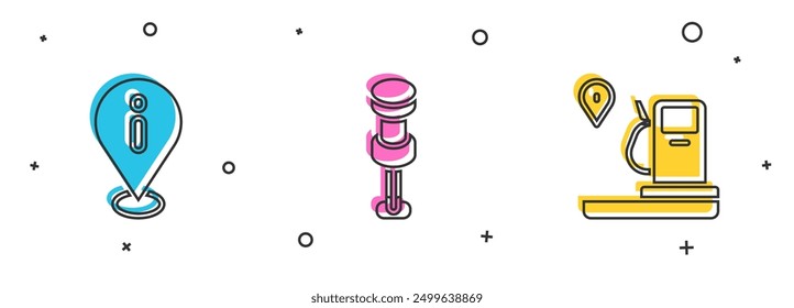 Establecer la Locación con la información, Push pin y el icono de la gasolinera. Vector