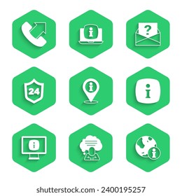 Set Location with information, Speech bubble chat, Information, Monitor, Telephone 24 hours support, Envelope question mark and  icon. Vector