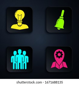 Legen Sie Platz, menschlicher Kopf mit Lampen Glühbirne, Benutzer-Gruppe und Ringing Glocke. Schwarze Quadrat-Taste. Vektorillustration
