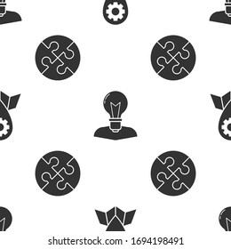 Set Location job, Human head with lamp bulb and Piece of puzzle on seamless pattern. Vector