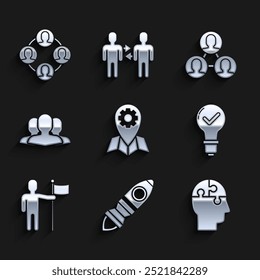 Set Location job, Rocket ship with fire, Human head puzzles strategy, Light bulb and check mark, Man holding flag, Users group, Project team base and  icon. Vector